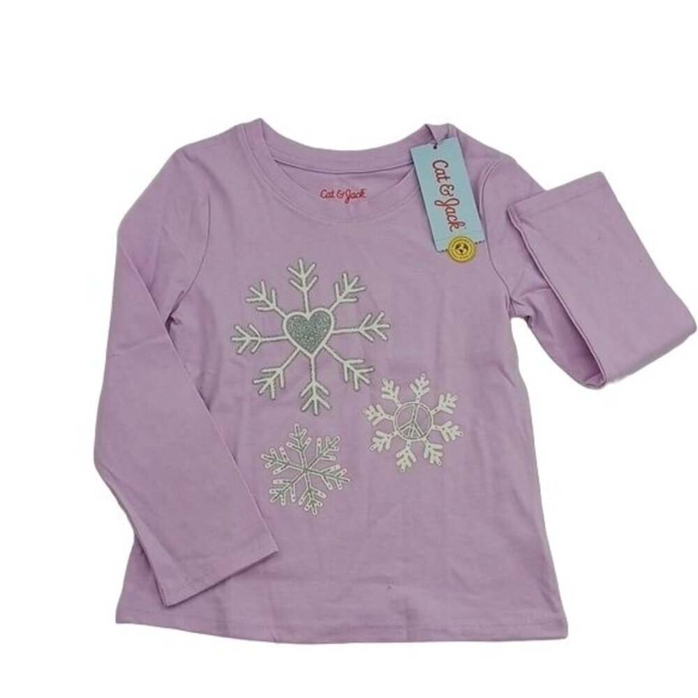 Cat & Jack Girls Size 4T Purple Long Sleeve Shirt Glitter Snowflake Heart Winter